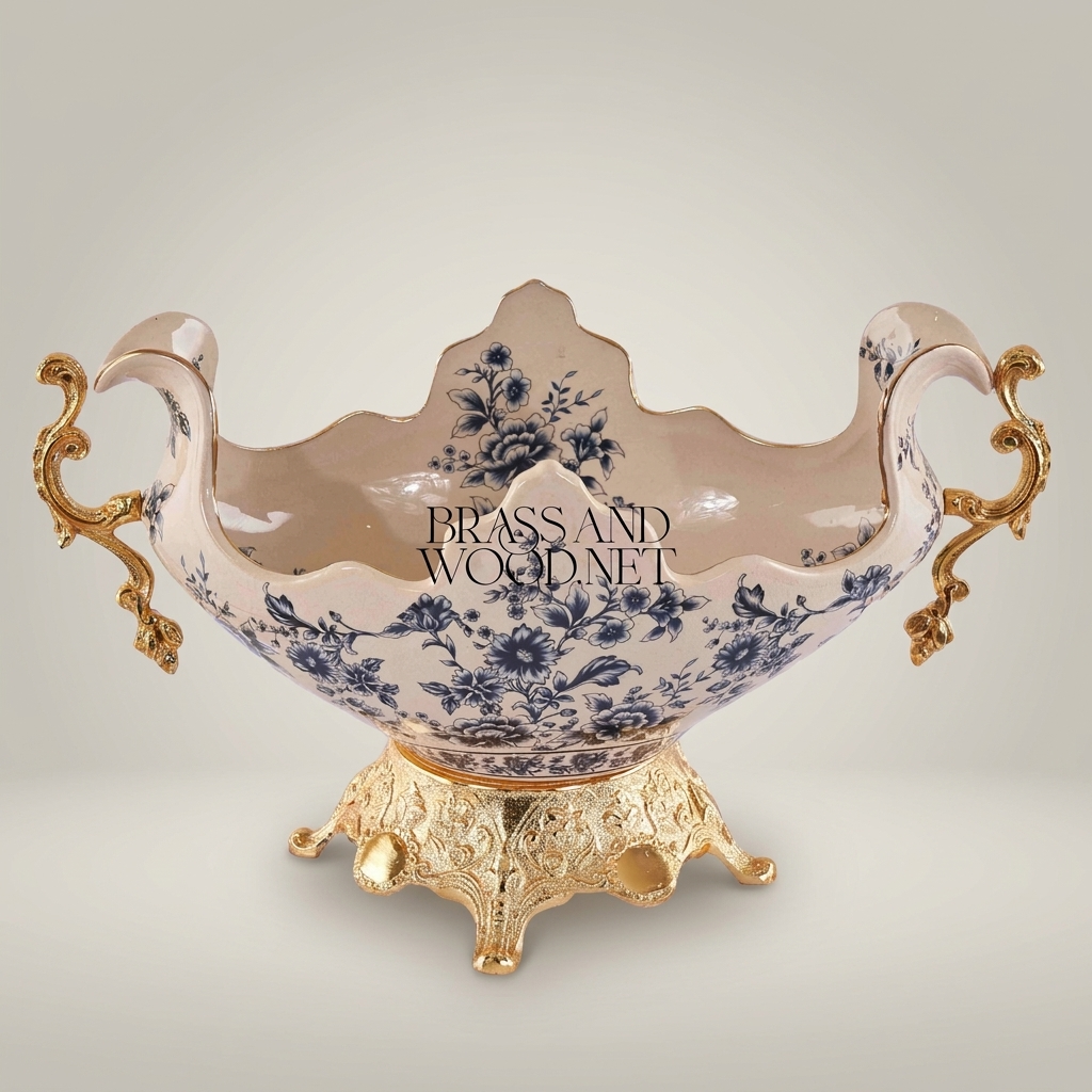 Baroque Ceramic & Brass Centerpiece Bowl - Blue Floral Scalloped Rim with Ornate Stand