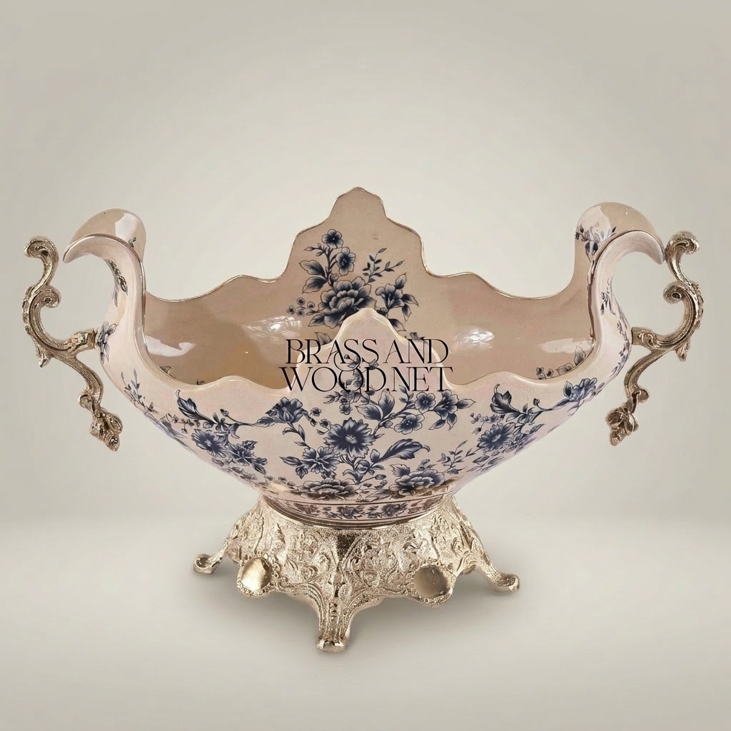 Baroque Ceramic & Brass Centerpiece Bowl - Blue Floral Scalloped Rim with Ornate Stand — Silver