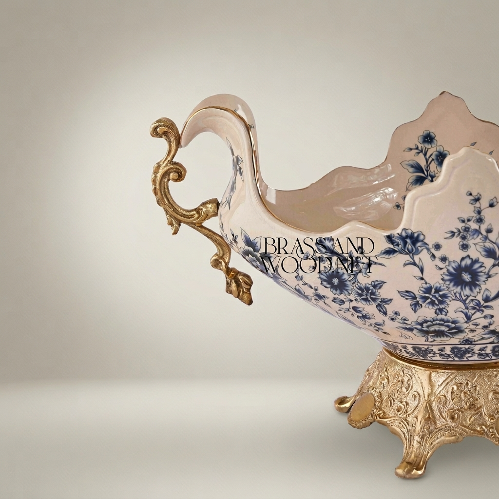 Baroque Ceramic & Brass Centerpiece Bowl - Blue Floral Scalloped Rim with Ornate Stand — Antique Gold