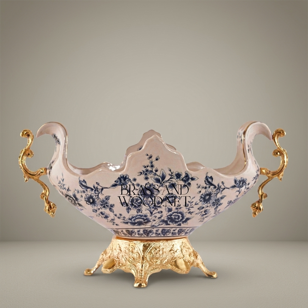 Baroque Ceramic & Brass Centerpiece Bowl - Blue Floral Scalloped Rim with Ornate Stand