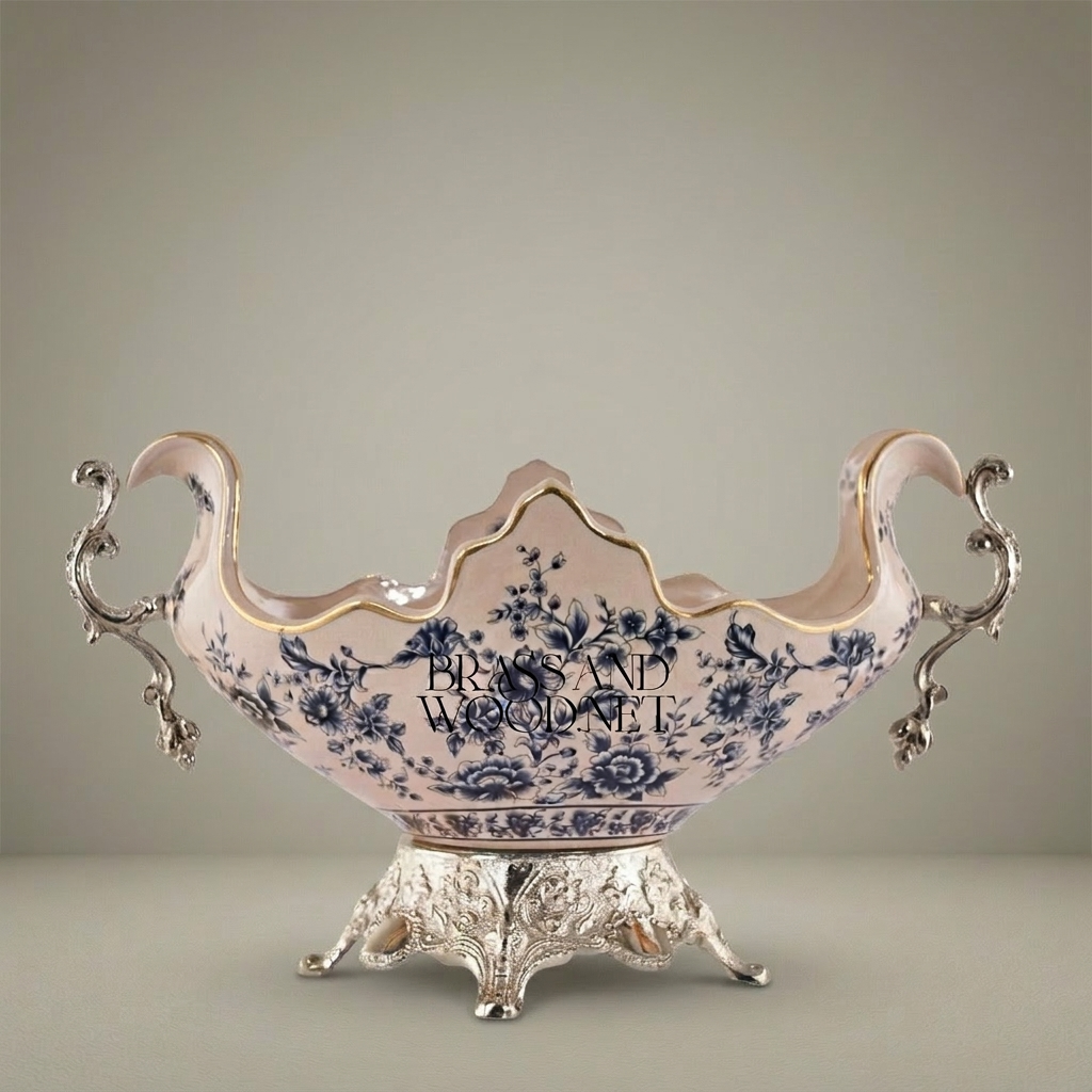 Baroque Ceramic & Brass Centerpiece Bowl - Blue Floral Scalloped Rim with Ornate Stand — Silver