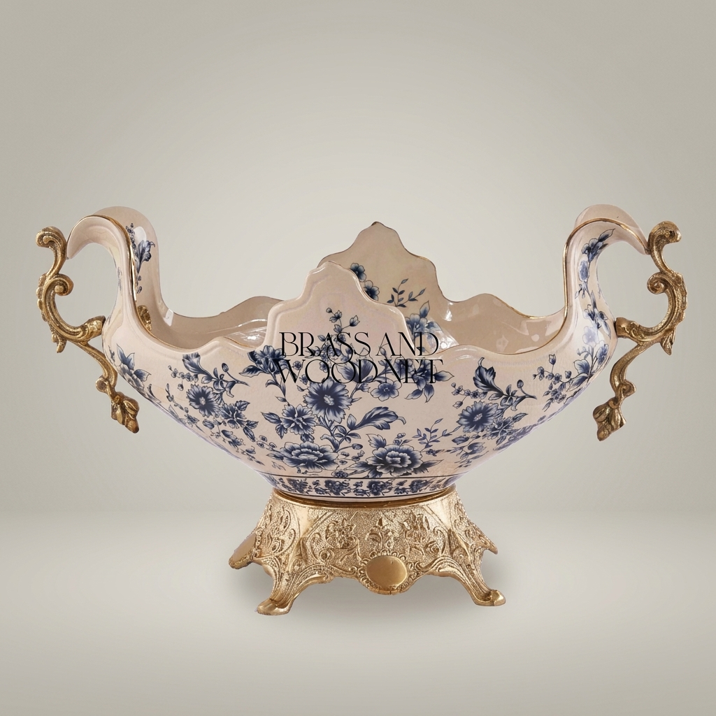 Baroque Ceramic & Brass Centerpiece Bowl - Blue Floral Scalloped Rim with Ornate Stand — Antique Gold