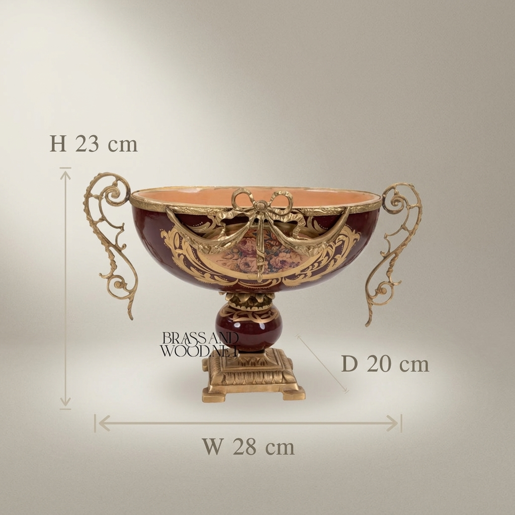 Baroque Ceramic & Brass Compote Bowl - Floral Medallion Pedestal — Antique Gold