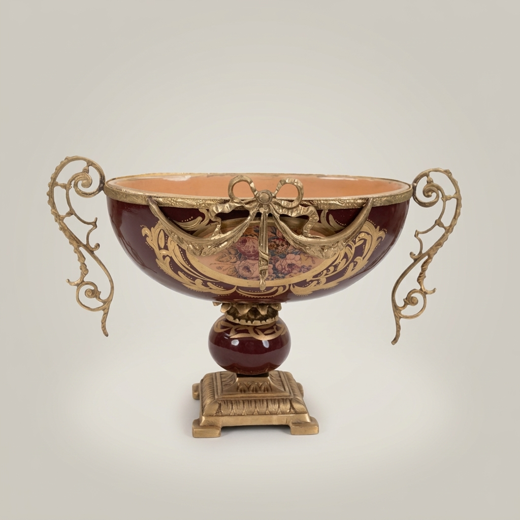 Baroque Ceramic & Brass Compote Bowl - Floral Medallion Pedestal — Antique Gold