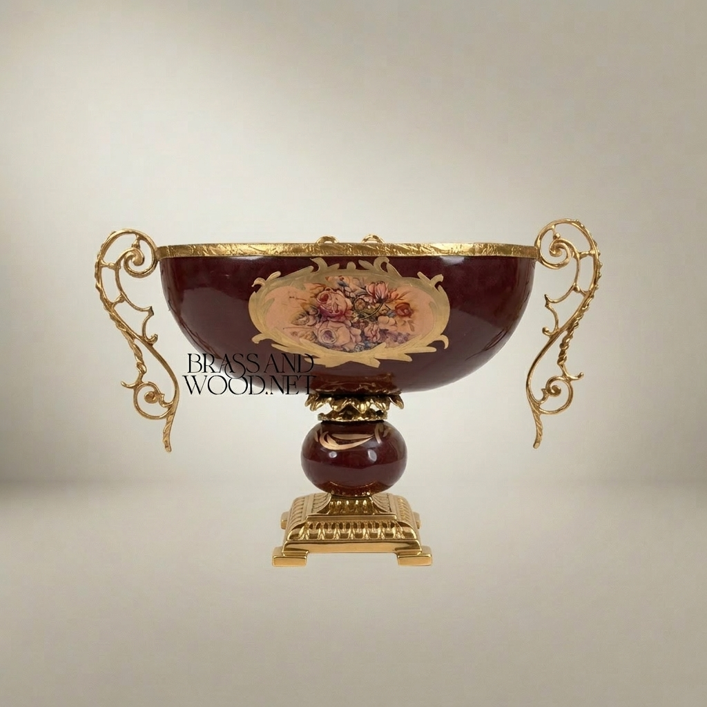 Baroque Ceramic & Brass Compote Bowl - Floral Medallion Pedestal