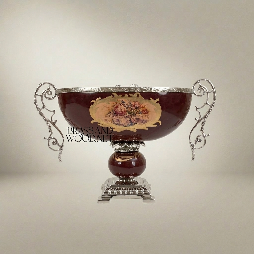 Baroque Ceramic & Brass Compote Bowl - Floral Medallion Pedestal — Silver