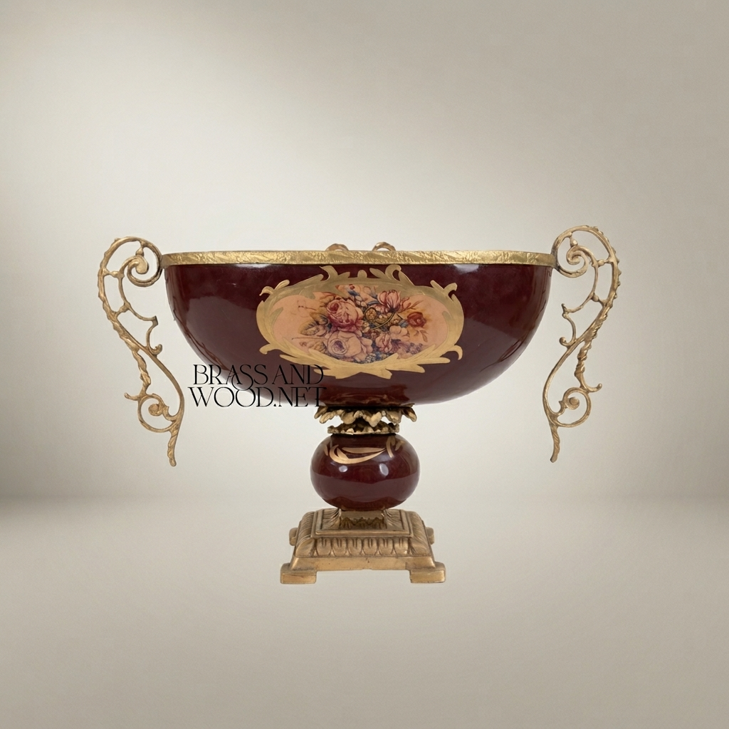 Baroque Ceramic & Brass Compote Bowl - Floral Medallion Pedestal — Antique Gold