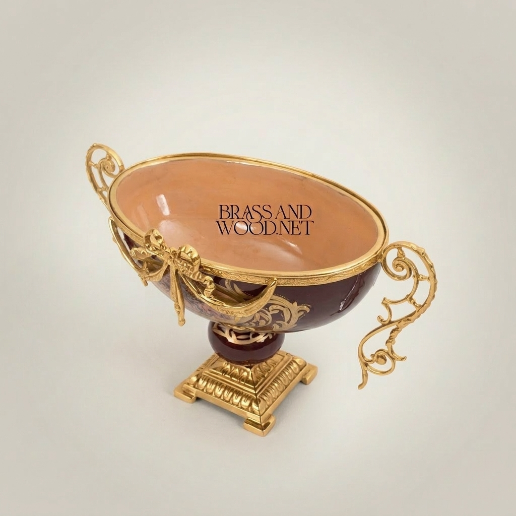 Baroque Ceramic & Brass Compote Bowl - Floral Medallion Pedestal