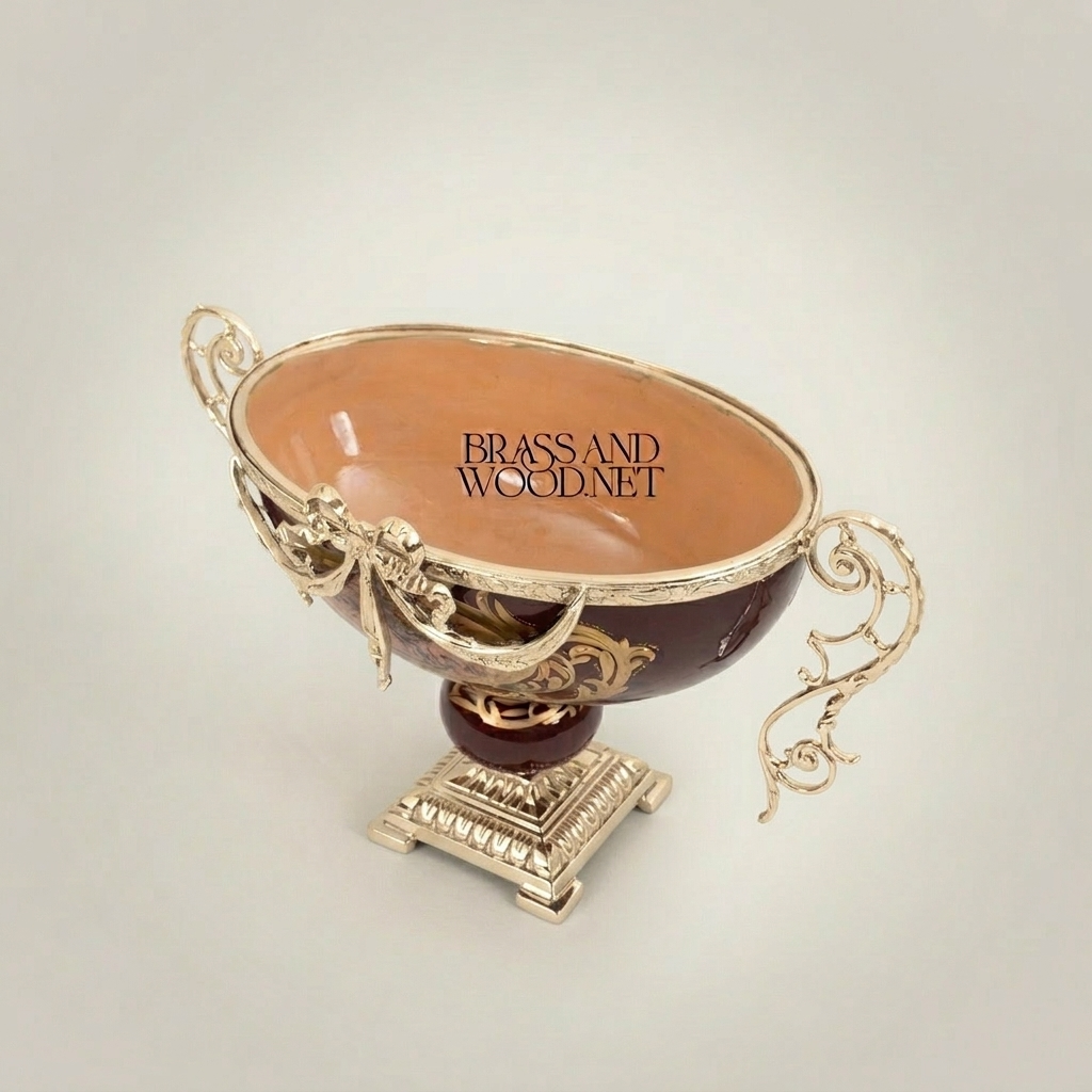 Baroque Ceramic & Brass Compote Bowl - Floral Medallion Pedestal — Silver