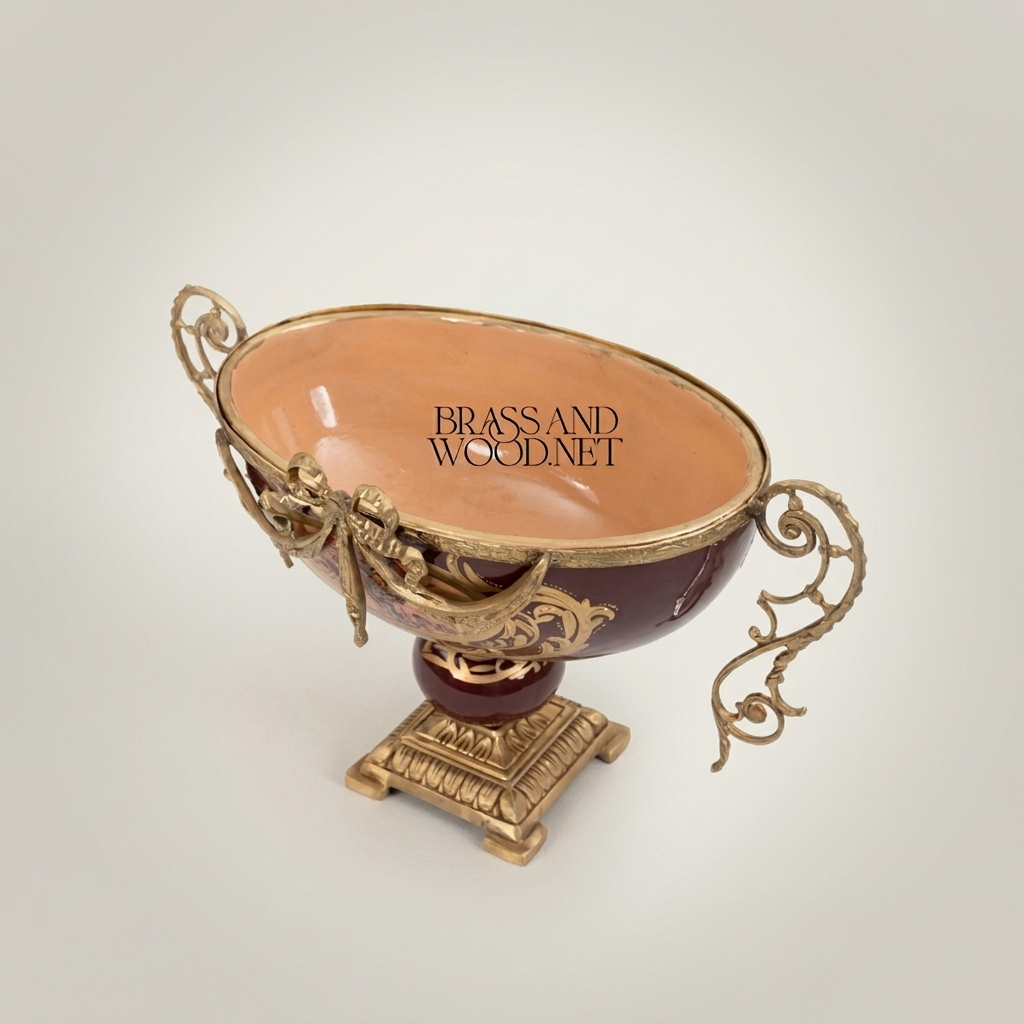 Baroque Ceramic & Brass Compote Bowl - Floral Medallion Pedestal — Antique Gold
