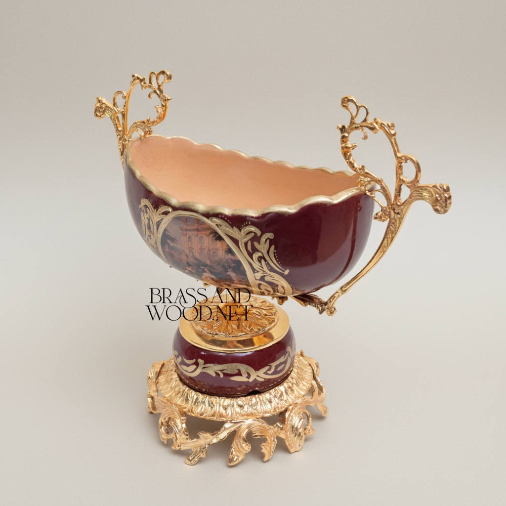 Baroque Ceramic & Brass Compote Bowl - Deep Wine with Scenic Medallion — Gold