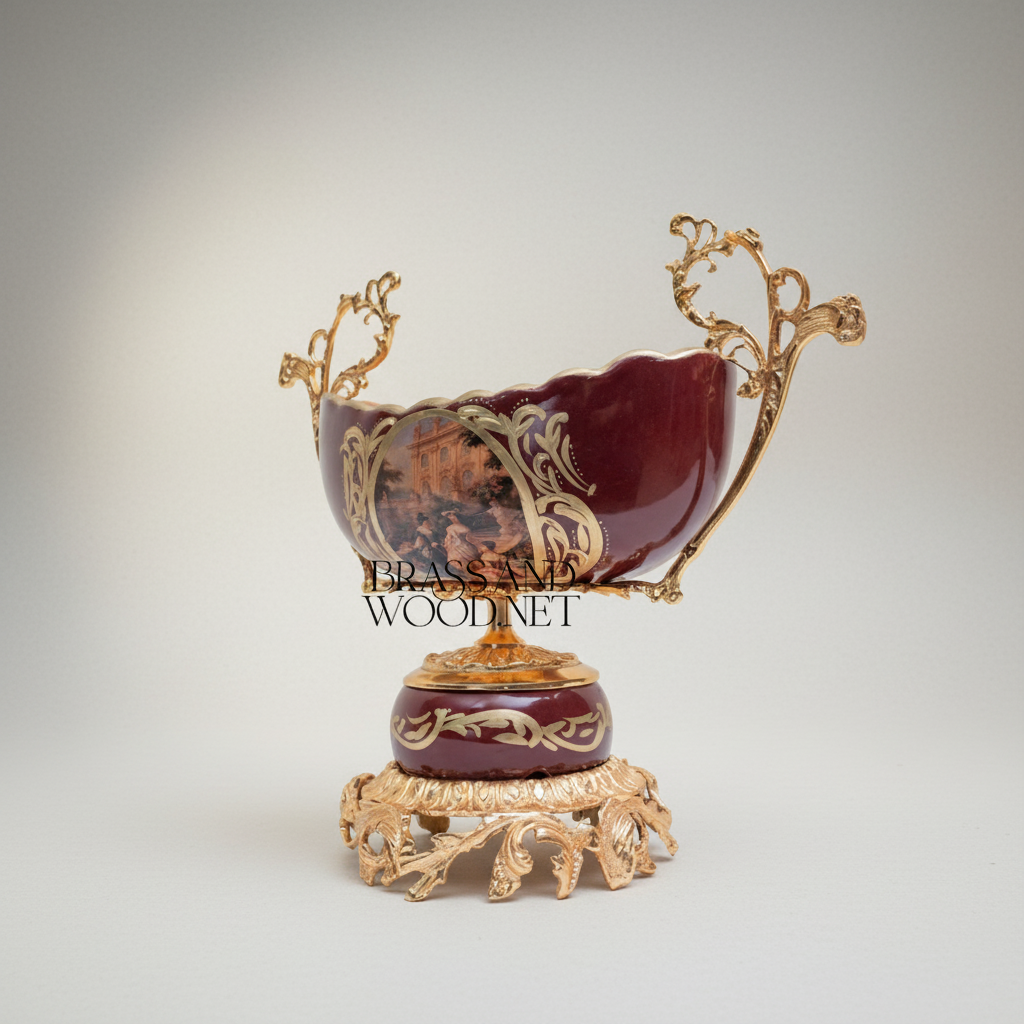 Baroque Ceramic & Brass Compote Bowl - Deep Wine with Scenic Medallion — Gold
