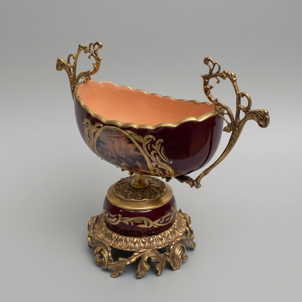 Baroque Ceramic & Brass Compote Bowl - Deep Wine with Scenic Medallion