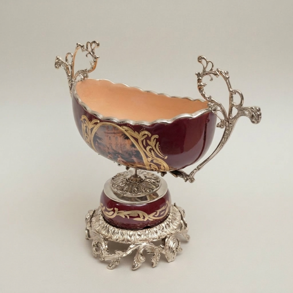 Baroque Ceramic & Brass Compote Bowl - Deep Wine with Scenic Medallion — Silver