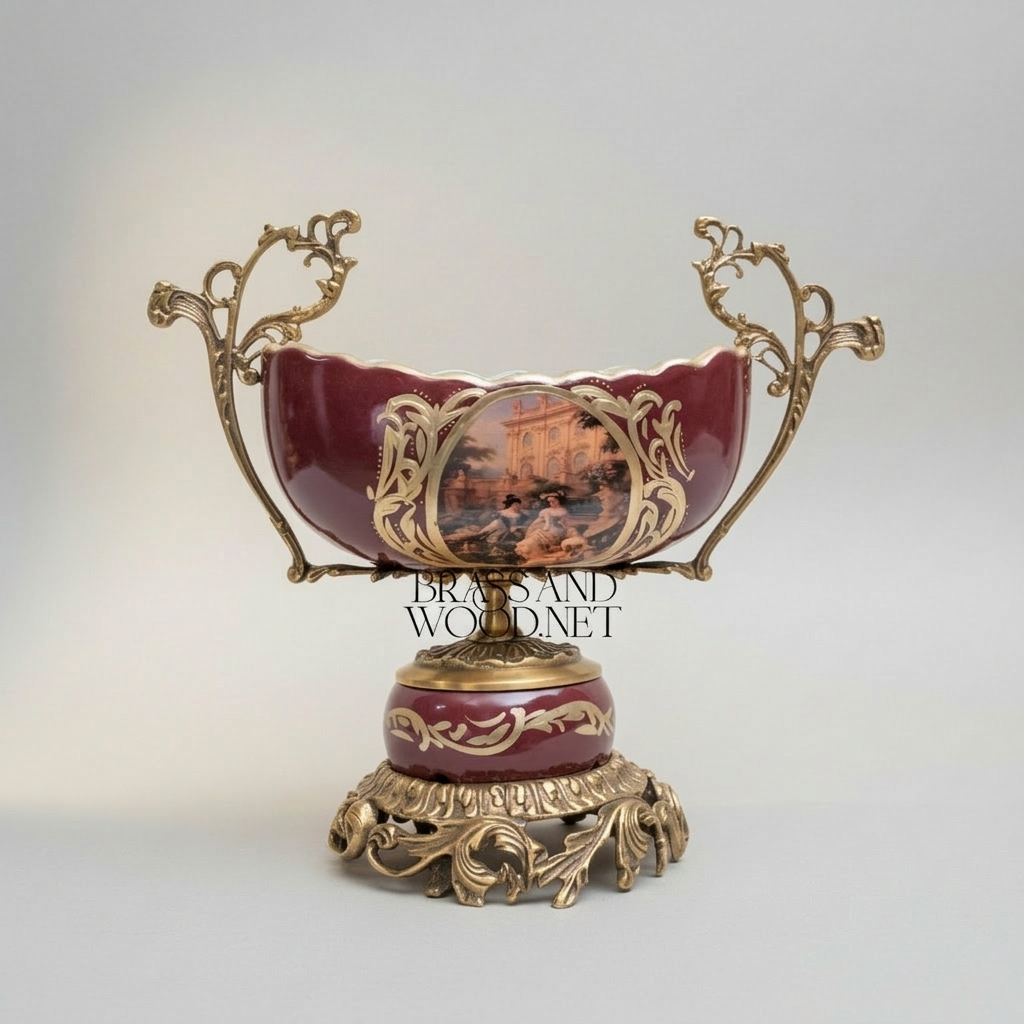 Baroque Ceramic & Brass Compote Bowl - Deep Wine with Scenic Medallion