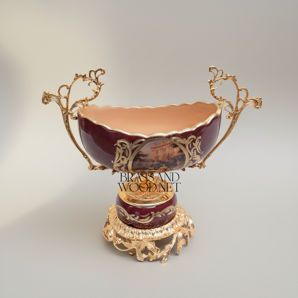 Baroque Ceramic & Brass Compote Bowl - Deep Wine with Scenic Medallion — Gold