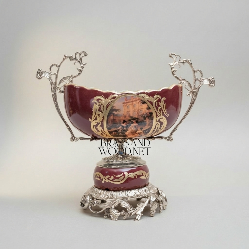 Baroque Ceramic & Brass Compote Bowl - Deep Wine with Scenic Medallion — Silver