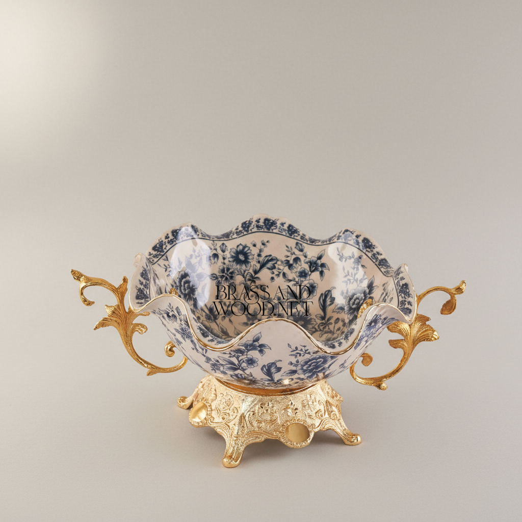 Baroque Ceramic & Brass Decorative Bowl - Blue Floral Scalloped Edge — Gold