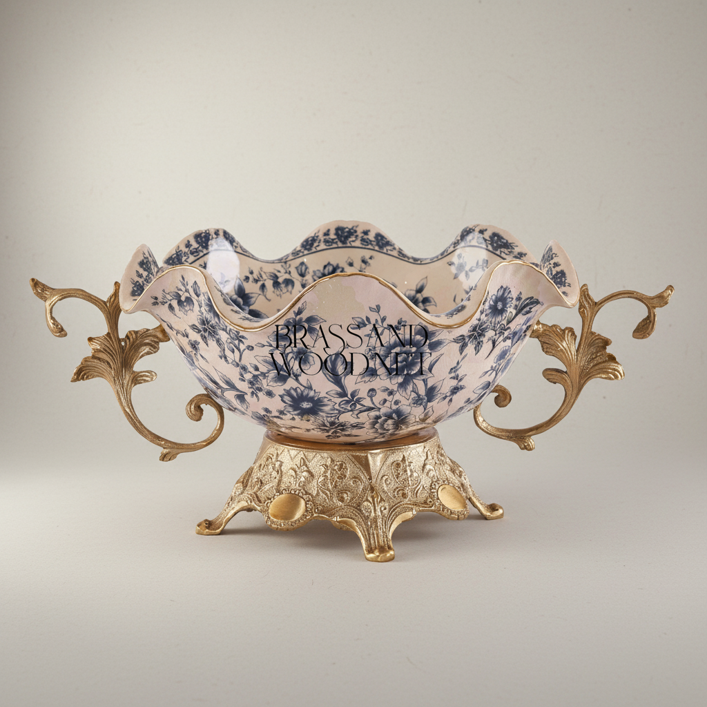 Baroque Ceramic & Brass Decorative Bowl - Blue Floral Scalloped Edge — Antique Gold