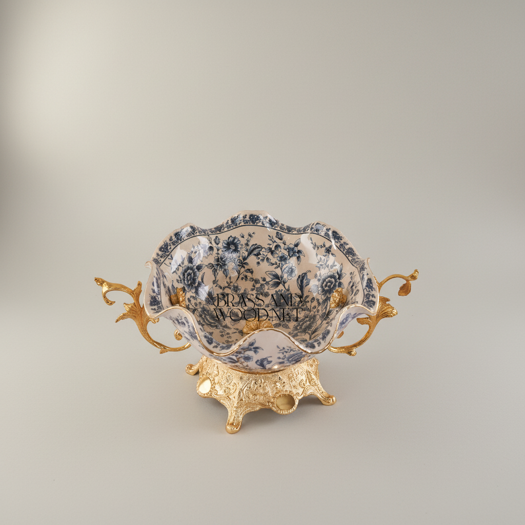 Baroque Ceramic & Brass Decorative Bowl - Blue Floral Scalloped Edge — Gold