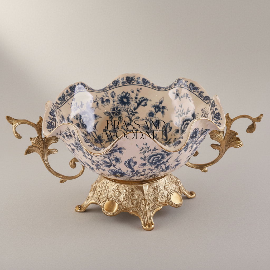 Baroque Ceramic & Brass Decorative Bowl - Blue Floral Scalloped Edge — Antique Gold