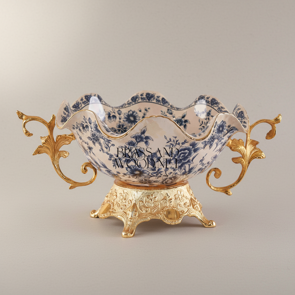 Baroque Ceramic & Brass Decorative Bowl - Blue Floral Scalloped Edge — Gold
