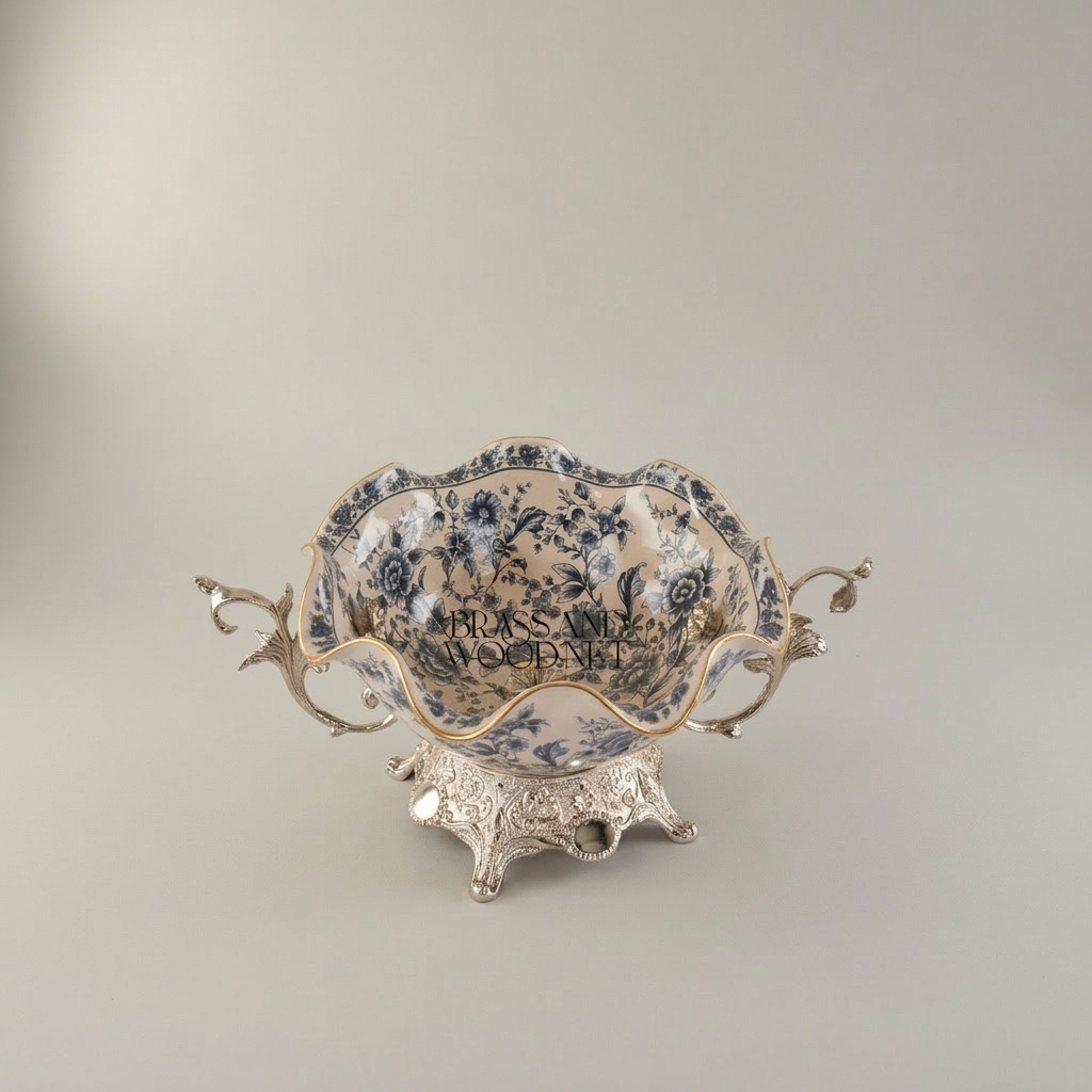 Baroque Ceramic & Brass Decorative Bowl - Blue Floral Scalloped Edge — Silver