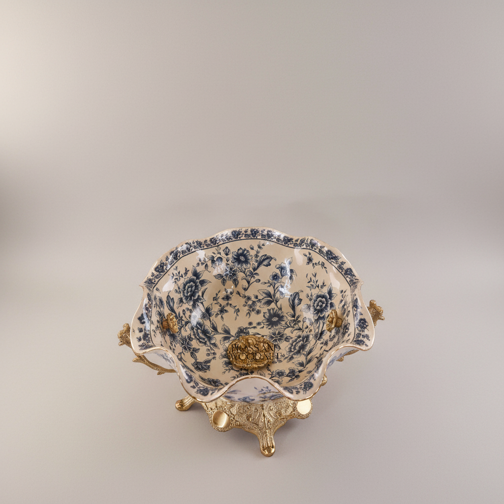 Baroque Ceramic & Brass Decorative Bowl - Blue Floral Scalloped Edge — Antique Gold