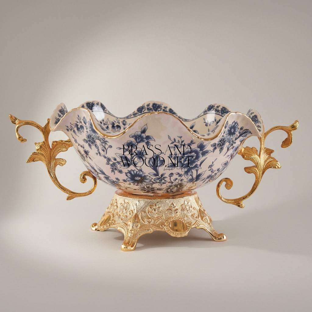 Baroque Ceramic & Brass Decorative Bowl - Blue Floral Scalloped Edge — Gold
