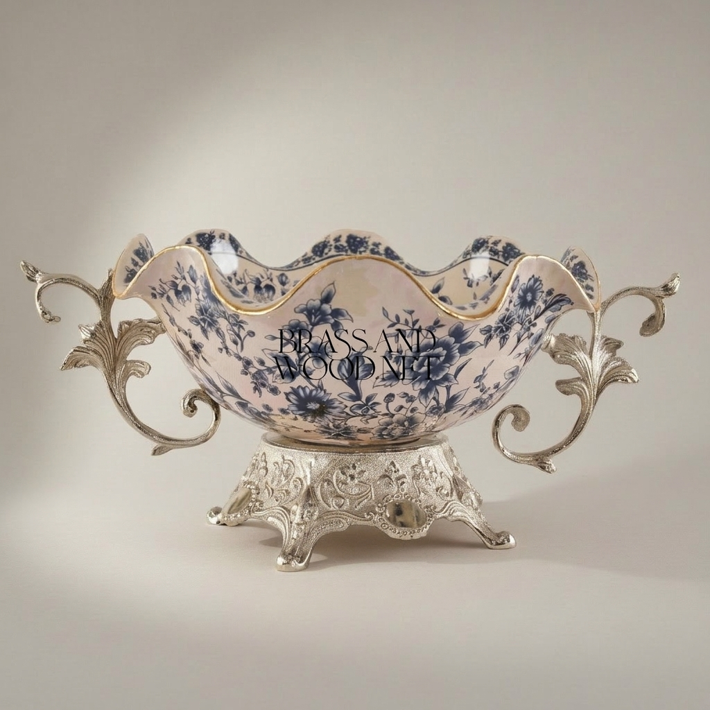 Baroque Ceramic & Brass Decorative Bowl - Blue Floral Scalloped Edge — Silver