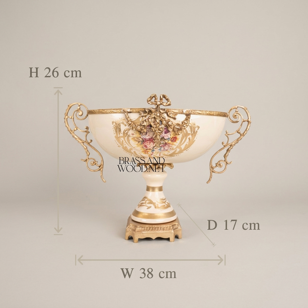 Baroque Ceramic & Brass Footed Compote Bowl - Floral Hand-Painted Twin Handles — Antique Gold