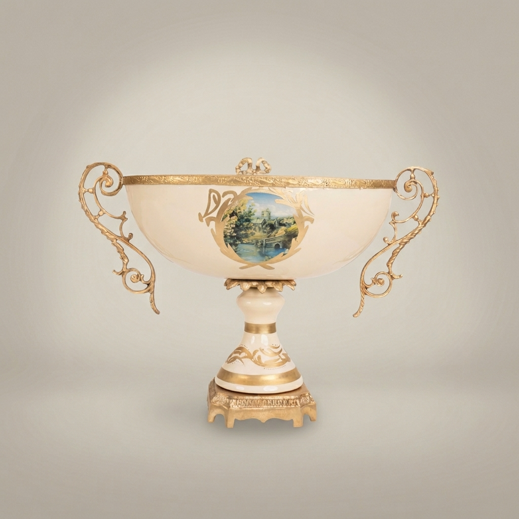 Baroque Ceramic & Brass Footed Compote Bowl - Floral Hand-Painted Twin Handles — Antique Gold