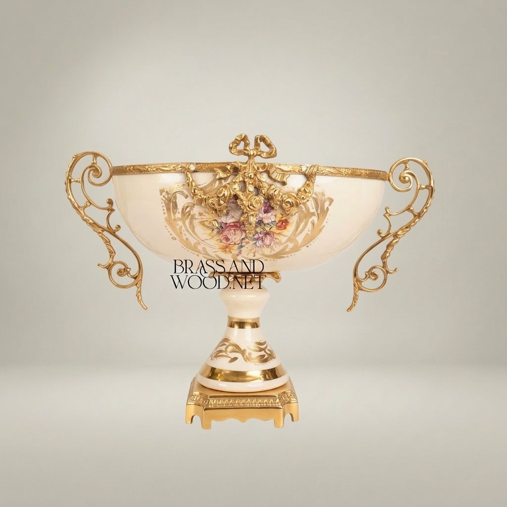 Baroque Ceramic & Brass Footed Compote Bowl - Floral Hand-Painted Twin Handles — Gold