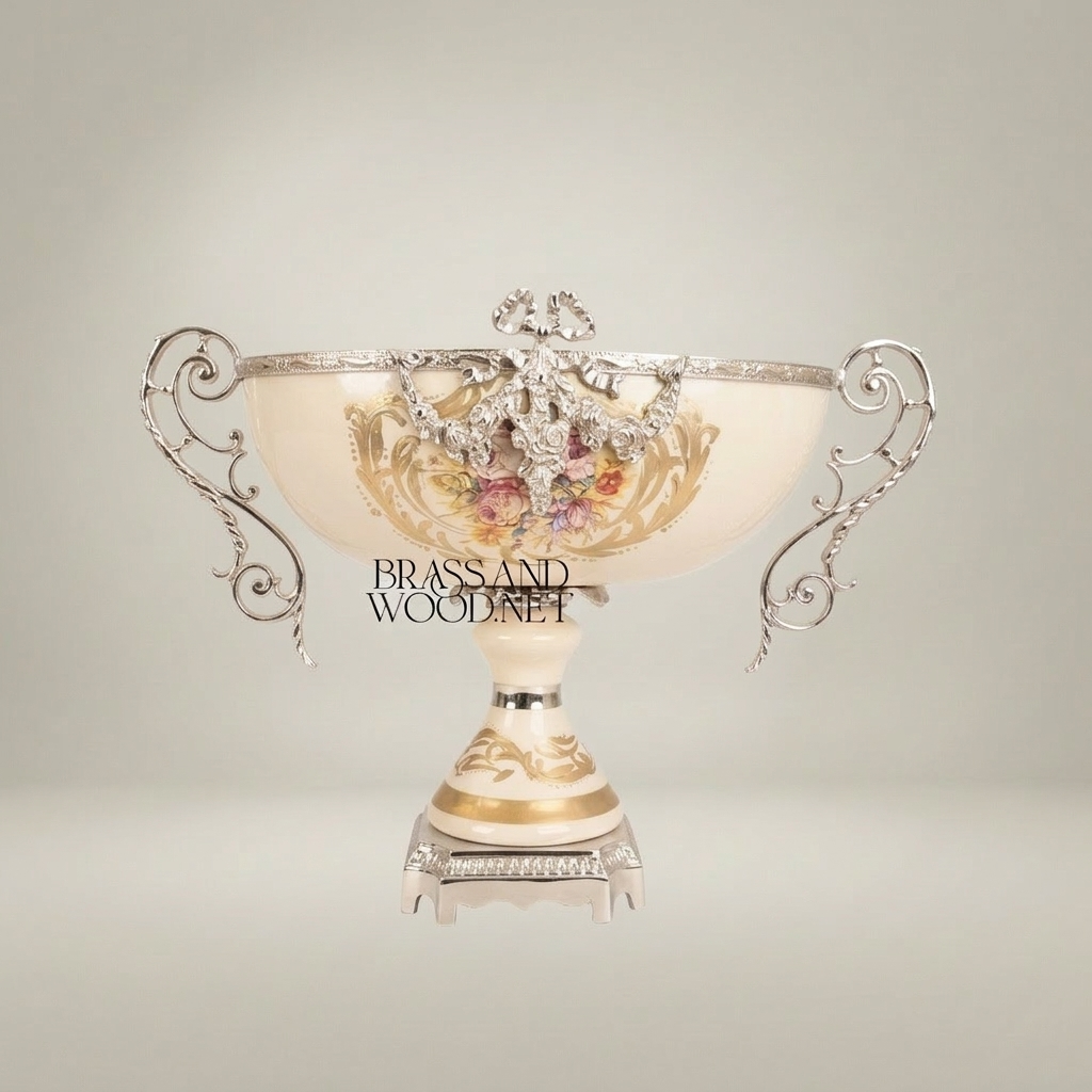 Baroque Ceramic & Brass Footed Compote Bowl - Floral Hand-Painted Twin Handles — Silver