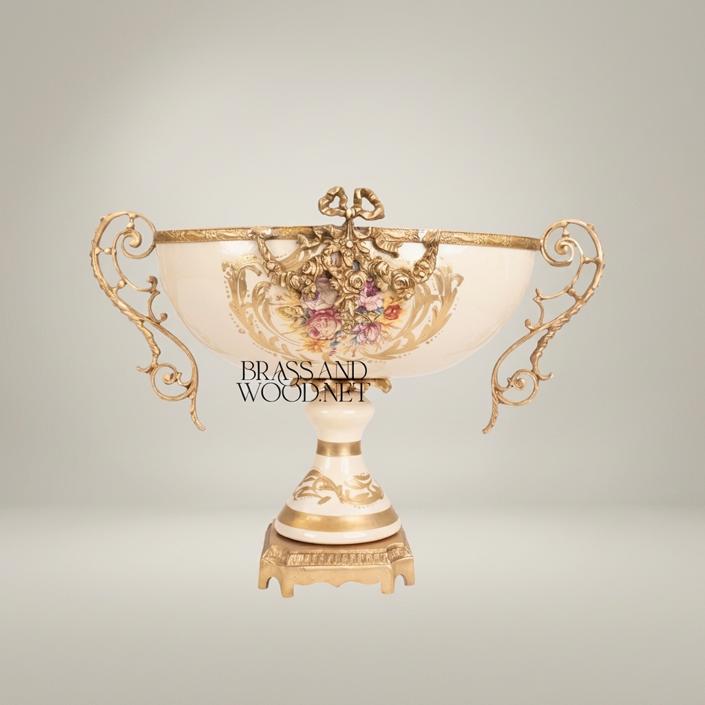 Baroque Ceramic & Brass Footed Compote Bowl - Floral Hand-Painted Twin Handles — Antique Gold