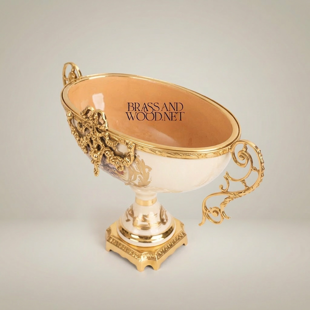Baroque Ceramic & Brass Footed Compote Bowl - Floral Hand-Painted Twin Handles — Gold
