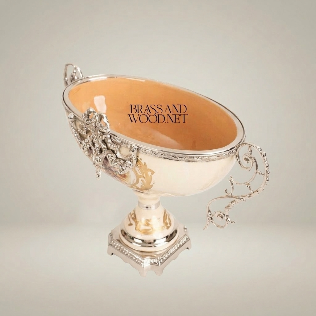 Baroque Ceramic & Brass Footed Compote Bowl - Floral Hand-Painted Twin Handles — Silver