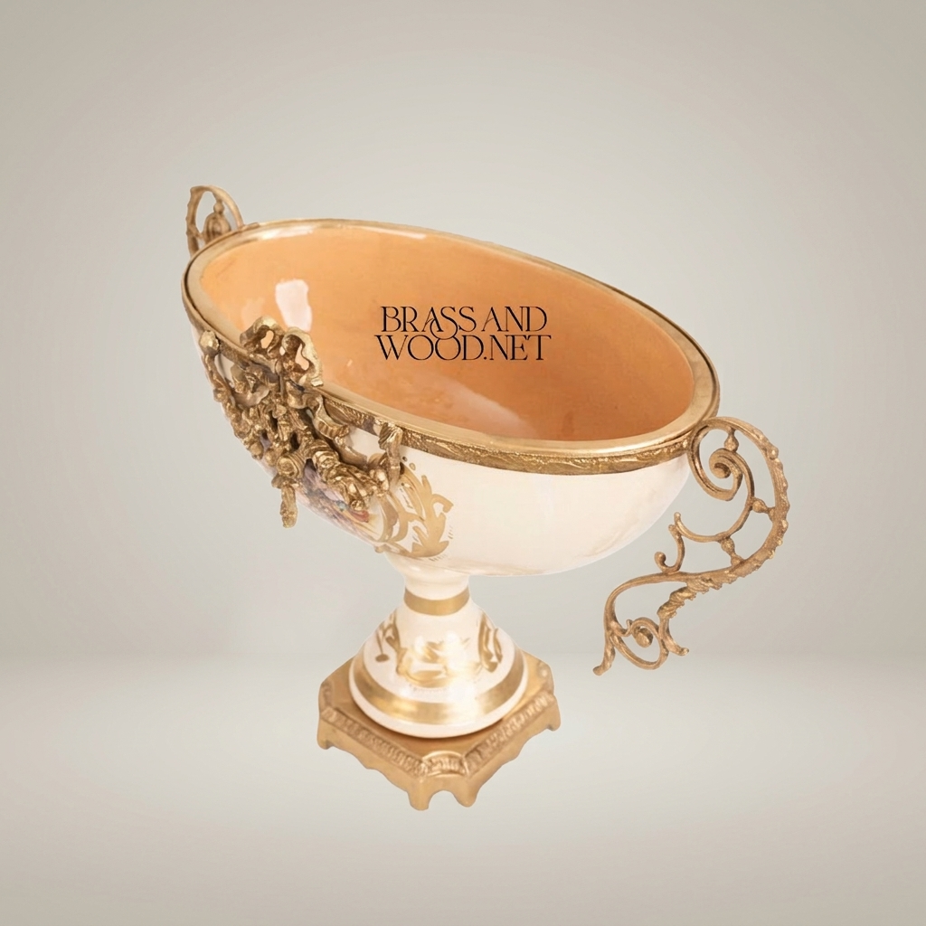 Baroque Ceramic & Brass Footed Compote Bowl - Floral Hand-Painted Twin Handles — Antique Gold