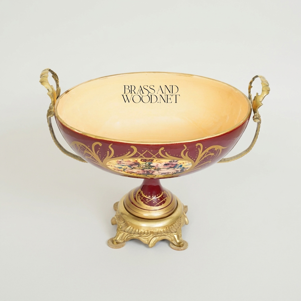 Baroque Ceramic & Brass Footed Compote Bowl - Hand-Painted Floral Medallion — Antique Gold