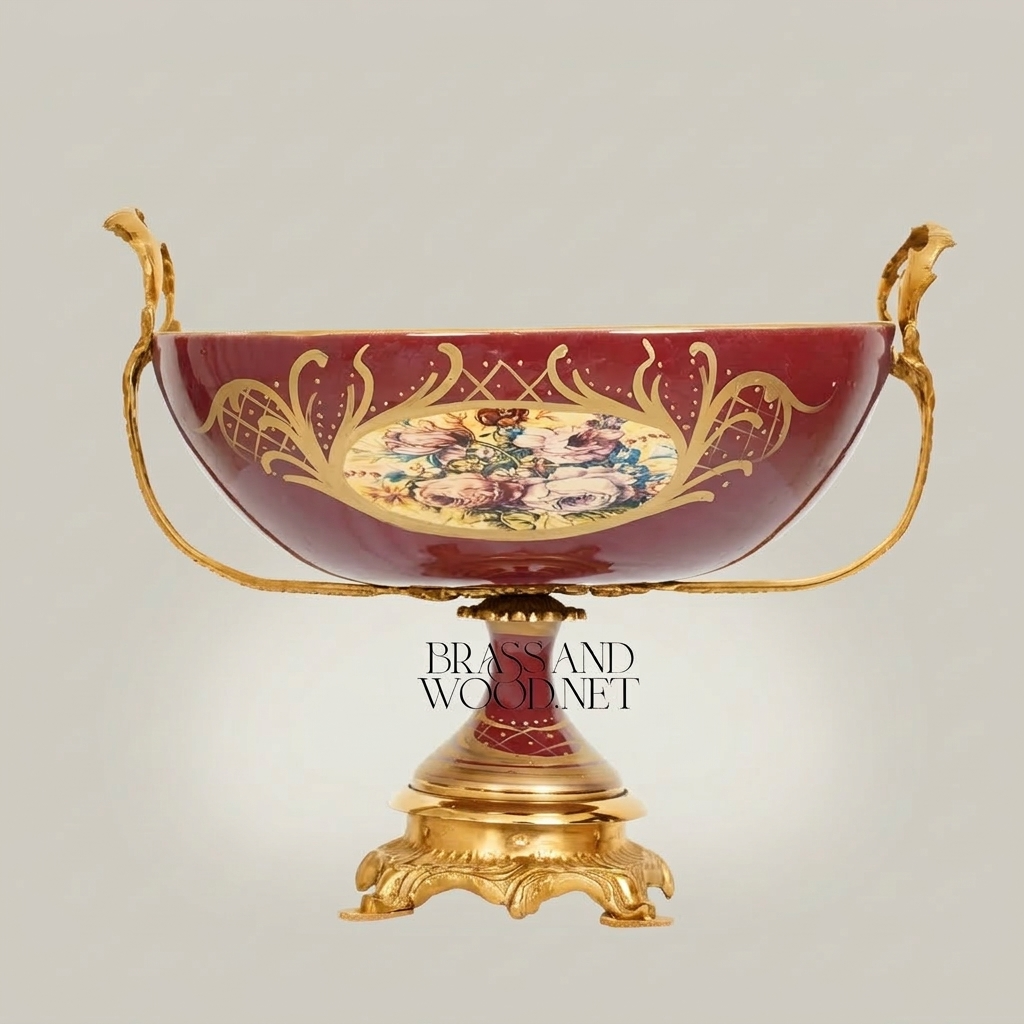 Baroque Ceramic & Brass Footed Compote Bowl - Hand-Painted Floral Medallion — Gold