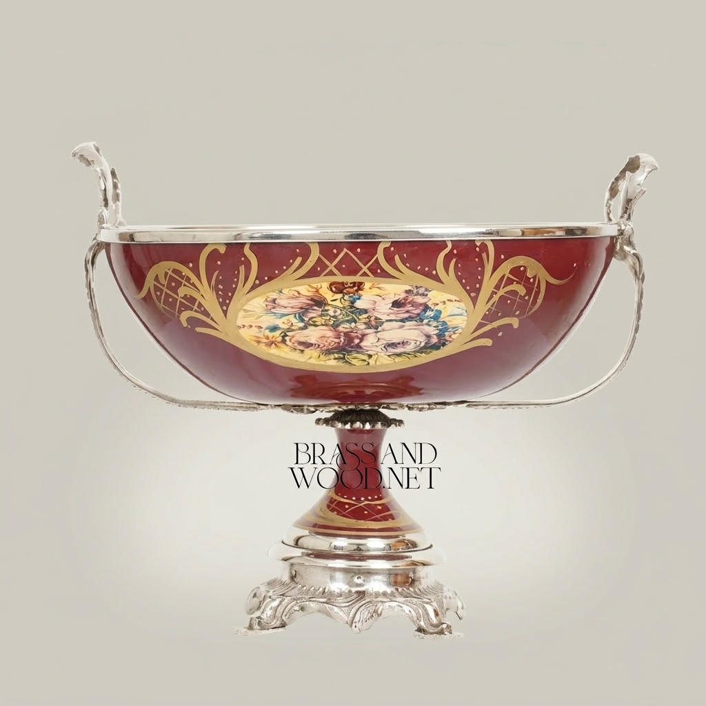 Baroque Ceramic & Brass Footed Compote Bowl - Hand-Painted Floral Medallion — Silver