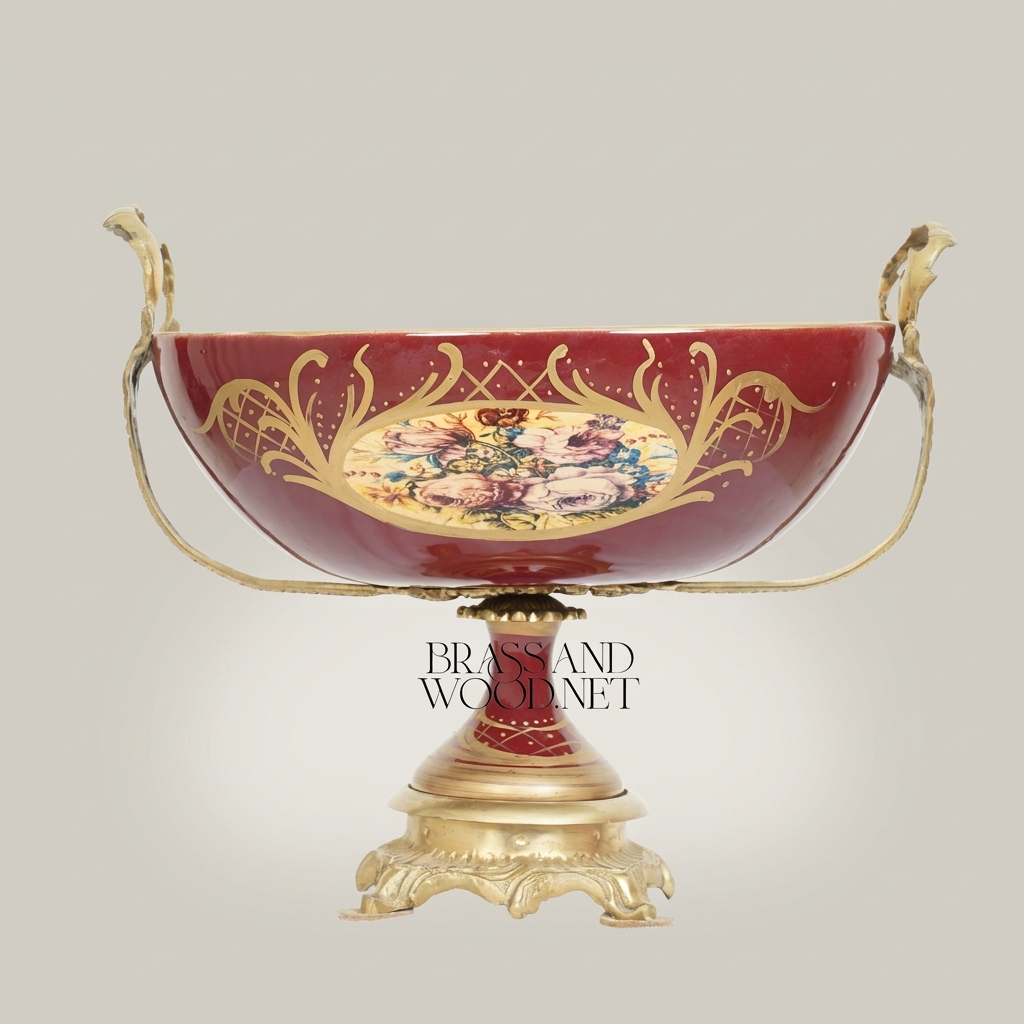 Baroque Ceramic & Brass Footed Compote Bowl - Hand-Painted Floral Medallion — Antique Gold