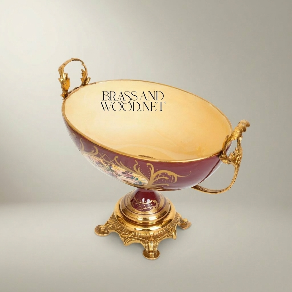 Baroque Ceramic & Brass Footed Compote Bowl - Hand-Painted Floral Medallion — Gold