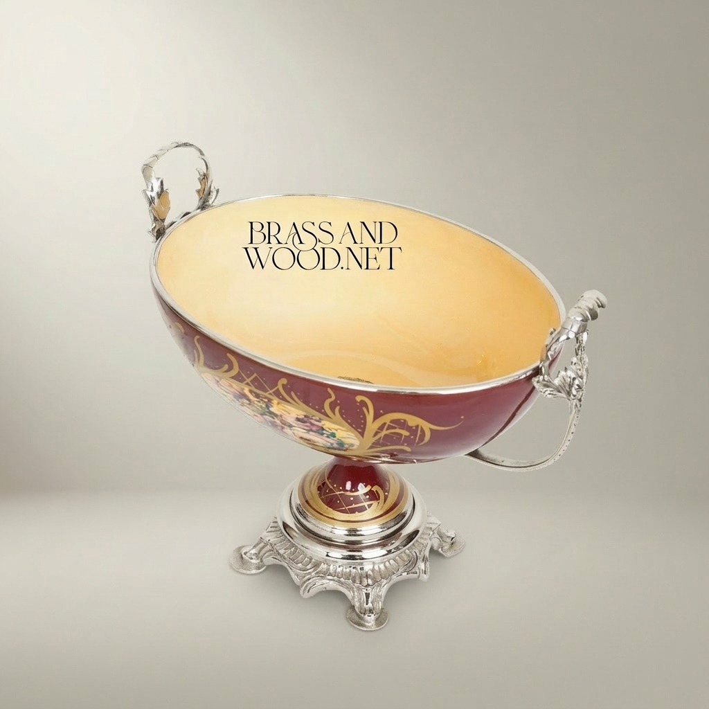 Baroque Ceramic & Brass Footed Compote Bowl - Hand-Painted Floral Medallion — Silver