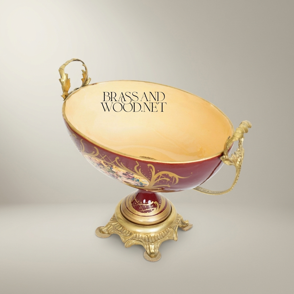 Baroque Ceramic & Brass Footed Compote Bowl - Hand-Painted Floral Medallion — Antique Gold