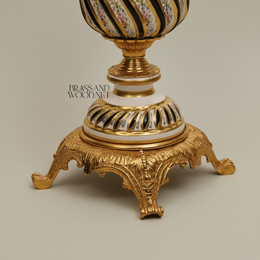 Baroque Ceramic & Brass Lidded Urn Vase — Spiral-Ribbed with Hand-Painted Florals — Gold