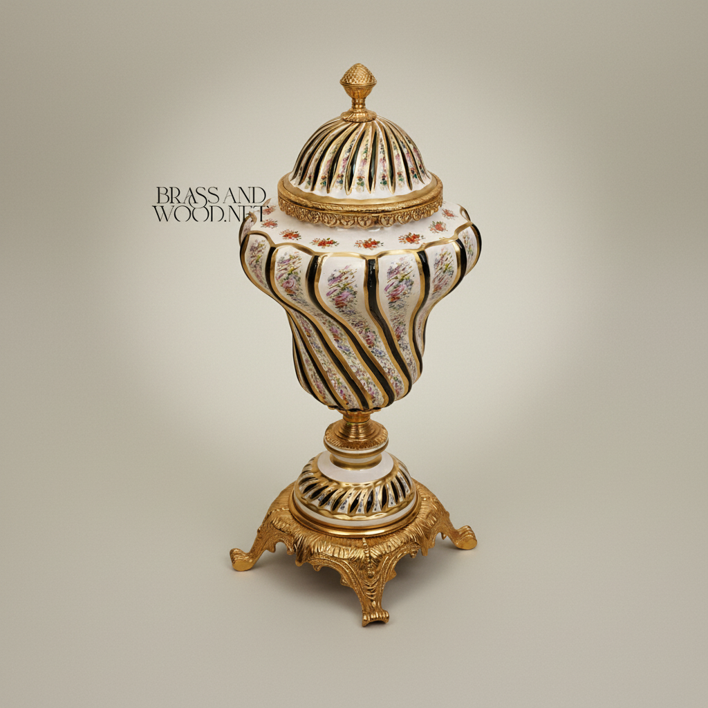 Baroque Ceramic & Brass Lidded Urn Vase — Spiral-Ribbed with Hand-Painted Florals — Gold