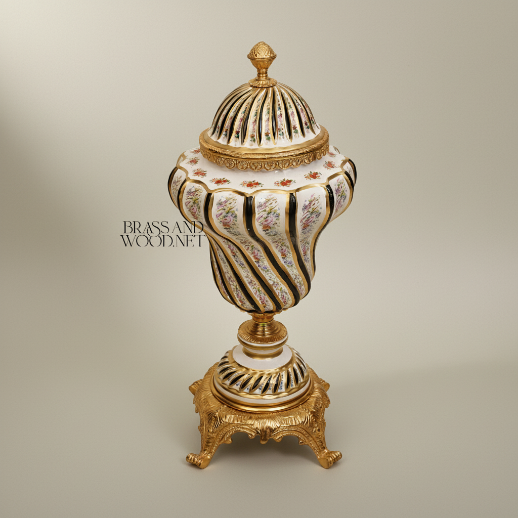Baroque Ceramic & Brass Lidded Urn Vase — Spiral-Ribbed with Hand-Painted Florals