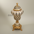 Baroque Ceramic & Brass Lidded Urn Vase — Spiral-Ribbed with Hand-Painted Florals — Gold