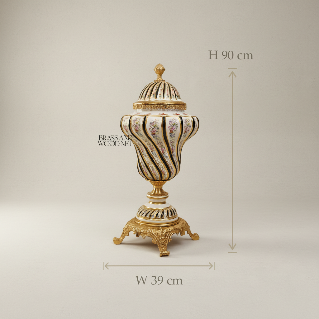Baroque Ceramic & Brass Lidded Urn Vase — Spiral-Ribbed with Hand-Painted Florals — Gold